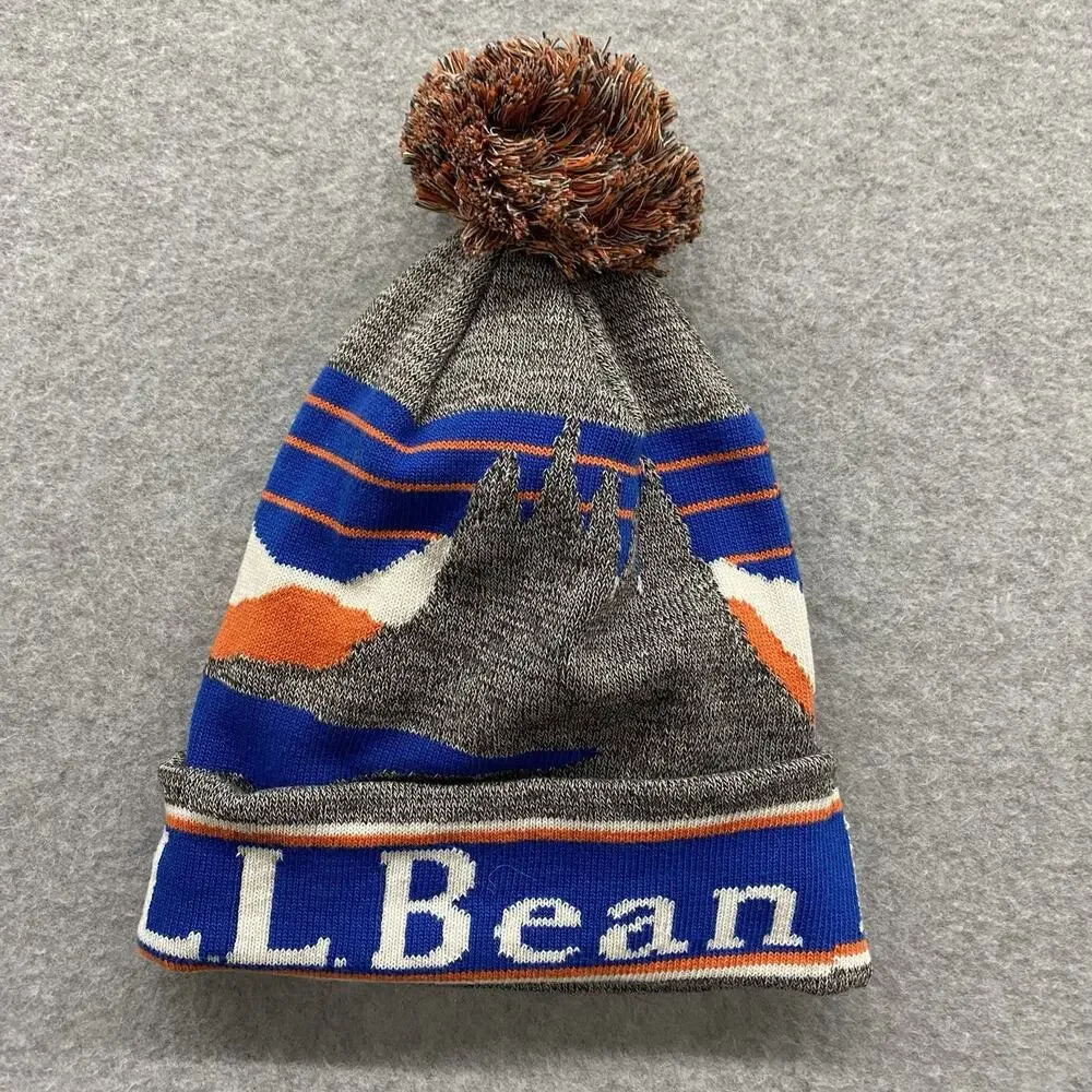 L.L.Bean Mountain Katahdin Scene Pom Beanie Hat Blue Orange Gray Winter Ski
